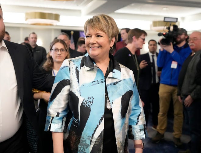 Supreme Court candidate Janet Protasiewicz greets supporters during her the election night watch party for state Supreme Court at Saint Kate - The Arts Hotel in Milwaukee  on Tuesday, April 4, 2023. Wisconsin voters headed to the polls for the spring general election to determine a new justice on the Supreme Court as well as other local, nonpartisan offices. Protasiewicz is facing off against Daniel Kelly for a spot on Wisconsin's top court.