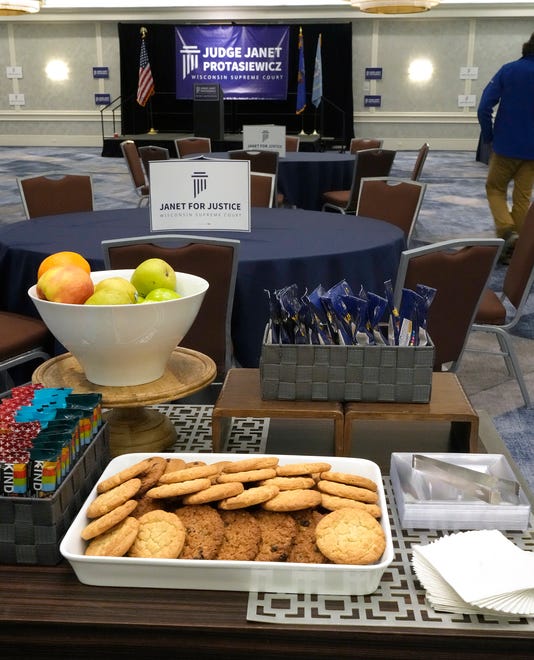 The stage is set and cookies are out before the election night watch party for state Supreme Court candidate Janet Protasiewicz at Saint Kate - The Arts Hotel in Milwaukee  on Tuesday, April 4, 2023. Wisconsin voters headed to the polls for the spring general election to determine a new justice on the Supreme Court as well as other local, nonpartisan offices. Protasiewicz is facing off against Daniel Kelly for a spot on Wisconsin's top court.