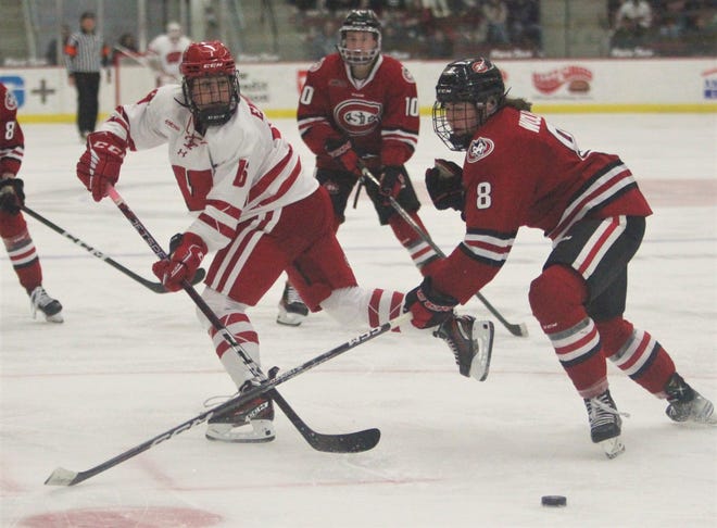 Wisconsin's Lacey Eden (6), shown in a file photo, finished with one goal and two assists in the Badgers' 5-2 victory over St. Cloud State Sunday at La Bahn Arena in Madison, Wisconsin.