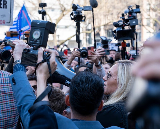 Apr 4, 2023; New York, NY, USA; Rep. Marjorie Taylor Greene (R-GA) speaks outside the Manhattan Criminal Courthouse in New York City.