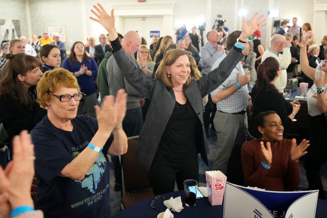 Lynne Shaner, of Milwaukee, a friend of Janet Protasiewicz, reacts the race being called in Protasiewicz’s favor during Supreme Court candidate Janet Protasiewicz election night watch party for state Supreme Court at Saint Kate - The Arts Hotel in Milwaukee  on Tuesday, April 4, 2023. Wisconsin voters headed to the polls for the spring general election to determine a new justice on the Supreme Court as well as other local, nonpartisan offices. Protasiewicz is facing off against Daniel Kelly for a spot on Wisconsin's top court.