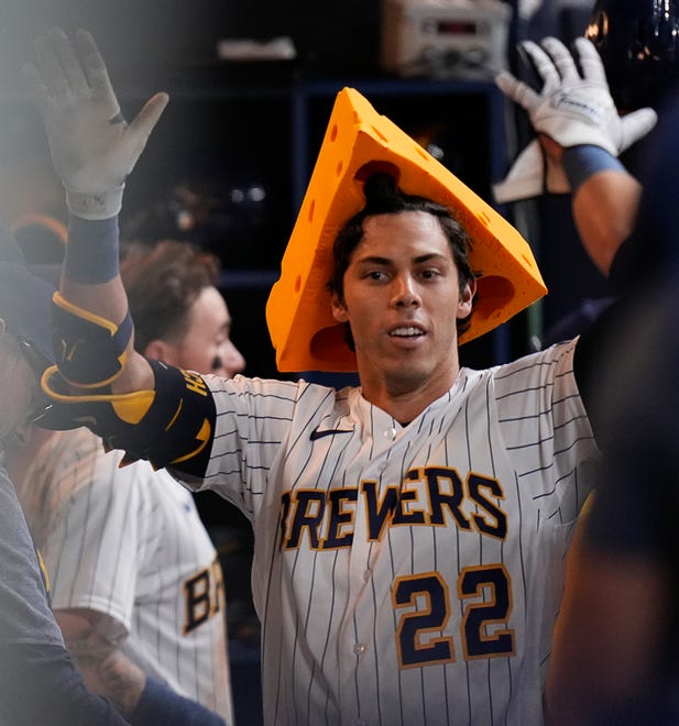 Milwaukee Brewers left fielder Christian Yelich (22) celebrates his homer to left on a 2-1 count during the sixth inning against the Kansas City Royals on Saturday May 13, 2023 at American Family Field in Milwaukee, Wis. 



Jovanny Hernandez / Milwaukee Journal Sentinel