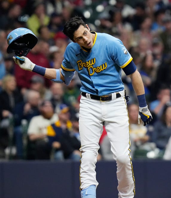 Brewers left fielder Christian Yelich (22) throws his helmet after striking out during the fourth inning of the game against the Angels on Friday April 28, 2023 at American Family Field in Milwaukee, Wis. 



Jovanny Hernandez / Milwaukee Journal Sentinel