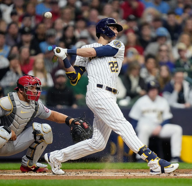 Milwaukee Brewers left fielder Christian Yelich (22) hits a foul ball during the third inning of the game against the St. Louis Cardinals at American Family Field on Saturday April 8, 2023 in Milwaukee, Wis. 



Jovanny Hernandez / Milwaukee Journal Sentinel