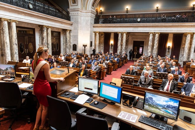 Miss America Grace Stanke speaks at Wisconsin State Assembly's 11th session on June 21, 2023.