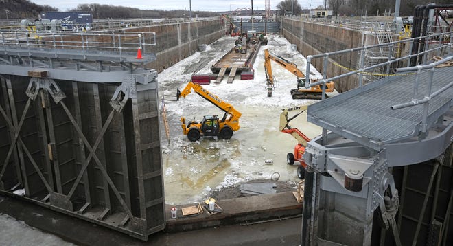 The gates on the upstream end of Lock and Dam No. 2 frame ongoing maintenance work Tuesday, January 30, 2024 on the Mississippi River in Hastings, Minnesota. Late last year, the U.S. Army Corps of Engineers, St. Paul District dewatered the lock chamber for routine inspection, maintenance and repairs. Locks are dewatered on a 20-year cycle. The dewatering is accomplished by placing large bulkheads at the upstream and downstream ends of the lock chamber to prevent the flow of water into the chamber. The lock will reopen for shipping on March 5.

Mark Hoffman/Milwaukee Journal Sentinel