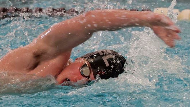 Kiel/Elklhart Lake-Glenbeulah’s Austin Riesterer swims the 100-yard freestyle at the 2024 EWC Championship Swim Meet, Saturday, February 3, 2024, in Kiel, Wis.