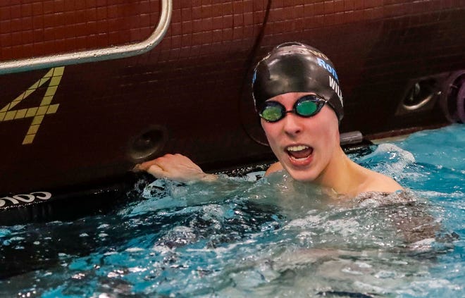 Two Rivers/Roncalli’s Connor Wilke reacts to his time in the 50-yard freestyle at the 2024 EWC Championship Swim Meet, Saturday, February 3, 2024, in Kiel, Wis.