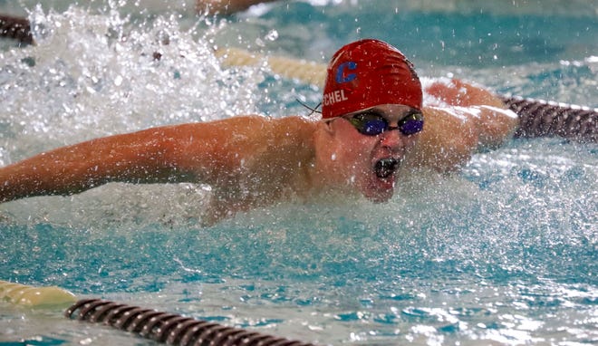 Brillion/Valders/Chilton’s Gavin Buechel swims during the 100-yard butterfly at the 2024 EWC Championship Swim Meet, Saturday, February 3, 2024, in Kiel, Wis.