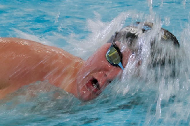 Kiel/Elkhart Lake-Glenbeulah’s Lance Anderson is a blur during the 500-yard freestyle at the 2024 EWC Championship Swim Meet, Saturday, February 3, 2024, in Kiel, Wis.