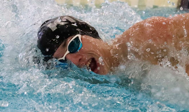 Kiel/Elkhart Lake-Glenbeulah’s Danny Bower swims the 100-yard butterfly at the 2024 EWC Championship Swim Meet, Saturday, February 3, 2024, in Kiel, Wis.