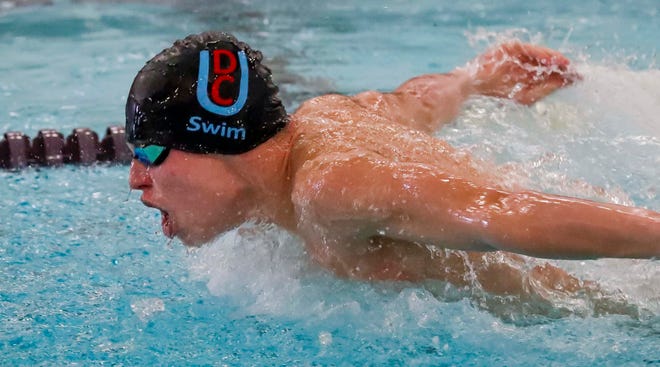 Door County United’s Jack Monfils swims the butterfly during the 200-yard IM at the 2024 EWC Championship Swim Meet, Saturday, February 3, 2024, in Kiel, Wis.