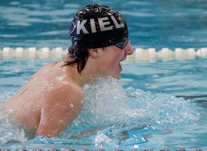 Kiel/Elkhart Lake-Glenbeulah’s Mason Fintelmann breast strokes the 200-yard IM at the 2024 EWC Championship Swim Meet, Saturday, February 3, 2024, in Kiel, Wis.