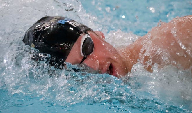 Brillion/Valders/Chilton’s Evan Harrison swims the 200-yard medley at the 2024 EWC Championship Swim Meet, Saturday, February 3, 2024, in Kiel, Wis.