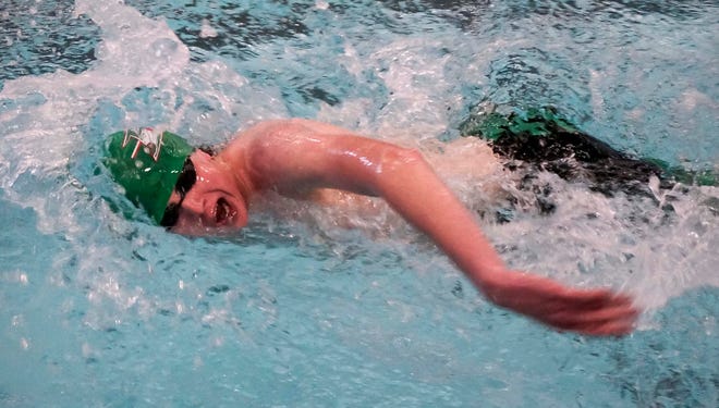 Berlin/Green Lake’s Blake Mertens swims the 500-yard freestyle at the 2024 EWC Championship Swim Meet, Saturday, February 3, 2024, in Kiel, Wis.