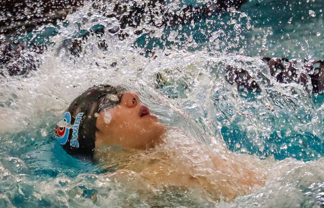 Door County United’s Ezra Linnan swims the 200-yard medley at the 2024 EWC Championship Swim Meet, Saturday, February 3, 2024, in Kiel, Wis.