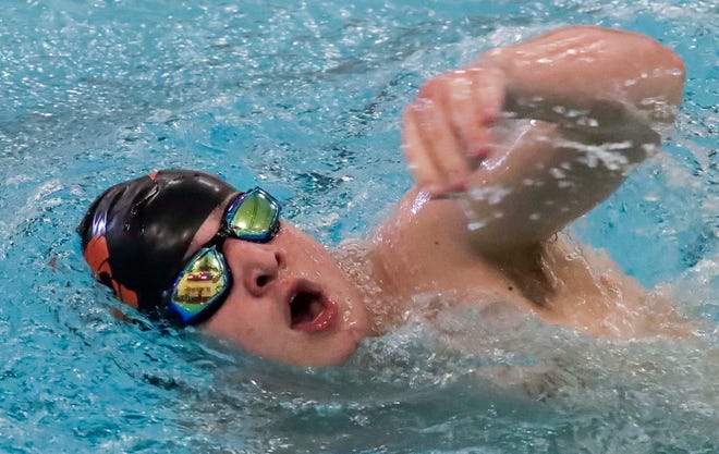 Plymouth’s Rylan Cantwell looks up during the 200-yard freestyle at the 2024 EWC Championship Swim Meet, Saturday, February 3, 2024, in Kiel, Wis.