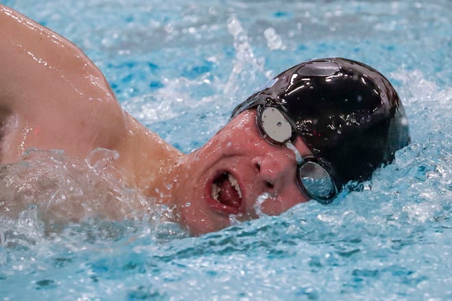 Door County United’s George Atwell swims the 500-yard freestyle at the 2024 EWC Championship Swim Meet, Saturday, February 3, 2024, in Kiel, Wis.