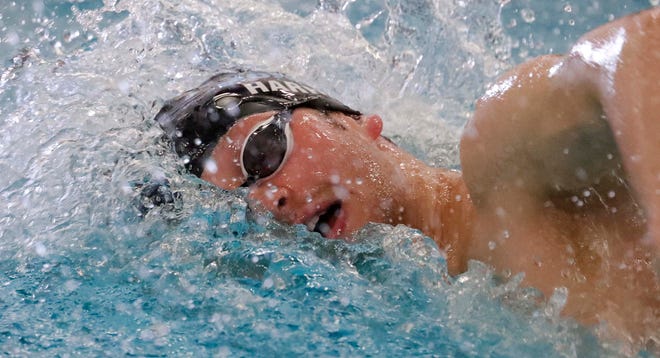 Two Rivers/Roncalli’s Evan Harrison swims the 500-yard freestyle at the 2024 EWC Championship Swim Meet, Saturday, February 3, 2024, in Kiel, Wis.