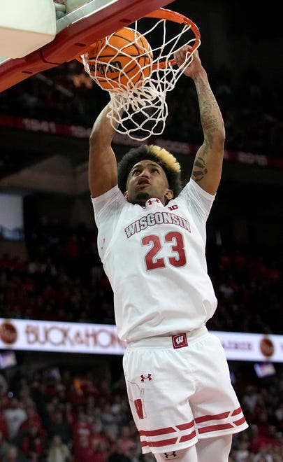 Wisconsin guard Chucky Hepburn (23) dunks the ball during the second half of their game Sunday, February 4, 2024 at the Kohl Center in Madison, Wisconsin. Purdue beat Wisconsin 75-69.