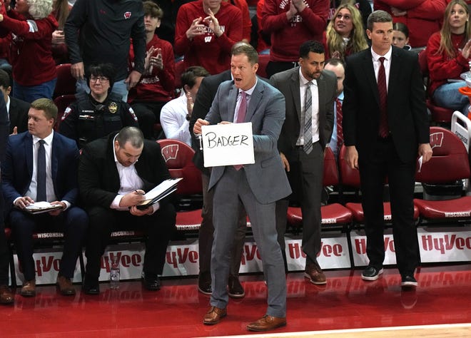 Wisconsin associate head coach Joe Krabbenhoft is shown during the first half of their game against Purdue Sunday, February 4, 2024 at the Kohl Center in Madison, Wisconsin.