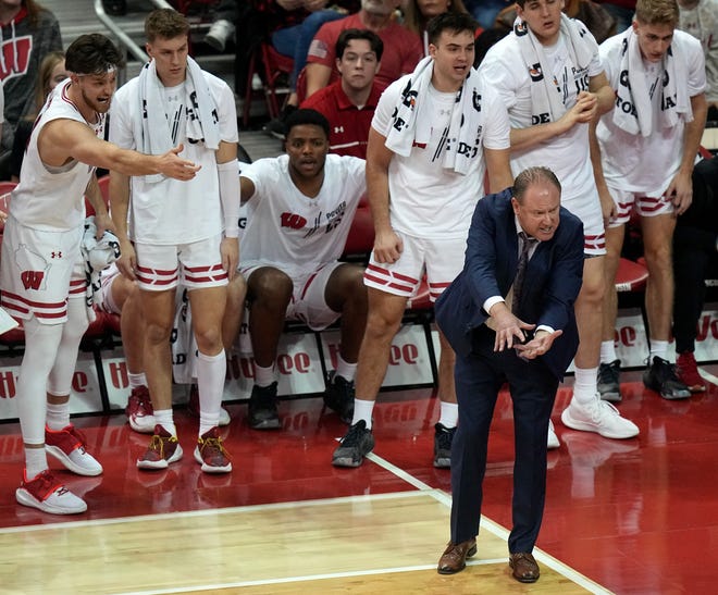 Wisconsin head coach Greg Gard argues a call during the first half of their game against Purdue Sunday, February 4, 2024 at the Kohl Center in Madison, Wisconsin.