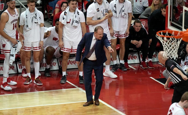 Wisconsin head coach Greg Gard argues a call during the first half of their game against Purdue Sunday, February 4, 2024 at the Kohl Center in Madison, Wisconsin.