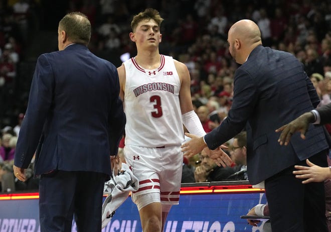 Wisconsin guard Connor Essegian (3) takes a break during the second half of their game Sunday, February 4, 2024 at the Kohl Center in Madison, Wisconsin. Purdue beat Wisconsin 75-69.