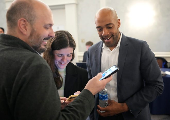 Mandela Barnes, Former Lieutenant Governor of Wisconsin, watch the results come in during Supreme Court candidate Janet Protasiewicz election night watch party for state Supreme Court at Saint Kate - The Arts Hotel in Milwaukee  on Tuesday, April 4, 2023. Wisconsin voters headed to the polls for the spring general election to determine a new justice on the Supreme Court as well as other local, nonpartisan offices. Protasiewicz is facing off against Daniel Kelly for a spot on Wisconsin's top court.