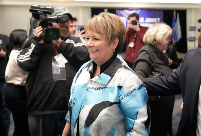 Supreme Court candidate Janet Protasiewicz greets supporters during her the election night watch party for state Supreme Court at Saint Kate - The Arts Hotel in Milwaukee  on Tuesday, April 4, 2023. Wisconsin voters headed to the polls for the spring general election to determine a new justice on the Supreme Court as well as other local, nonpartisan offices. Protasiewicz is facing off against Daniel Kelly for a spot on Wisconsin's top court.