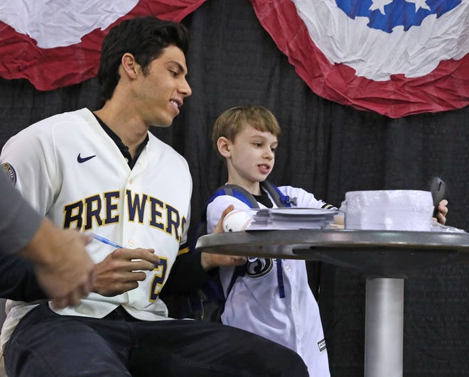 January 26, 2020 Photographs from the Milwaukee Brewers annual Brewers On Deck fan event.  The Brewers Christian Yelich posed for a selfie with Henry Gapinski age 11 of Hales Corners after the young fan got an autograph from Yelich.

Michael Sears/Milwaukee Journal Sentinel