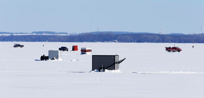 A view of fishing shanties from Lakeside Park, Saturday, February 11, 2023, in Fond du Lac, Wis.