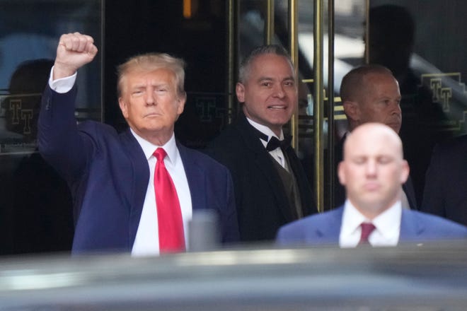 Former President Donald Trump leaves Trump Tower in New York on Tuesday, April 4, 2023. Trump will surrender in Manhattan on Tuesday to face criminal charges stemming from 2016 hush money payments.
