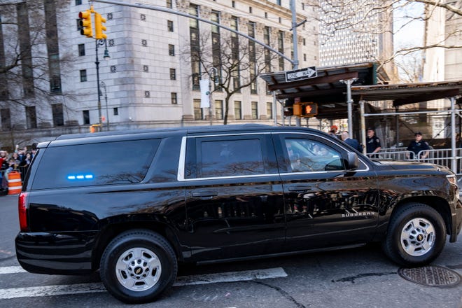 Former president Donald Trump arrives at the Manhattan Criminal Courthouse in New York City to be arraigned on Tuesday, April 4, 2023 after a grand jury voted to indict him . The grand jury has been hearing evidence related to money paid to adult film star Stormy Daniels during Trump’s 2016 presidential campaign.