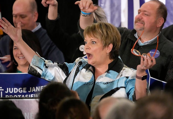 Supreme Court candidate Janet Protasiewicz reacts while speaking at her election night watch party for state Supreme Court at Saint Kate - The Arts Hotel in Milwaukee  on Tuesday, April 4, 2023. Wisconsin voters headed to the polls for the spring general election to determine a new justice on the Supreme Court as well as other local, nonpartisan offices. Protasiewicz is facing off against Daniel Kelly for a spot on Wisconsin's top court.