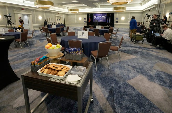 The stage is set and cookies are out before the election night watch party for state Supreme Court candidate Janet Protasiewicz at Saint Kate - The Arts Hotel in Milwaukee  on Tuesday, April 4, 2023. Wisconsin voters headed to the polls for the spring general election to determine a new justice on the Supreme Court as well as other local, nonpartisan offices. Protasiewicz is facing off against Daniel Kelly for a spot on Wisconsin's top court.