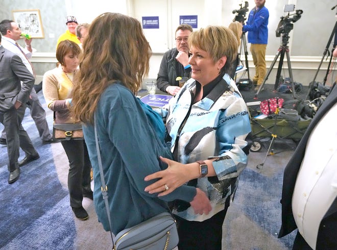 Supreme Court candidate Janet Protasiewicz greets supporters during her the election night watch party for state Supreme Court at Saint Kate - The Arts Hotel in Milwaukee  on Tuesday, April 4, 2023. Wisconsin voters headed to the polls for the spring general election to determine a new justice on the Supreme Court as well as other local, nonpartisan offices. Protasiewicz is facing off against Daniel Kelly for a spot on Wisconsin's top court.