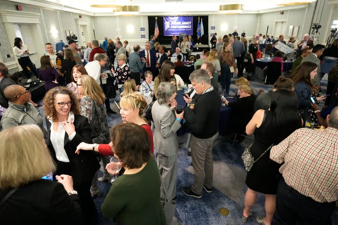 Supporters gather during Supreme Court candidate Janet Protasiewicz election night watch party for state Supreme Court at Saint Kate - The Arts Hotel in Milwaukee  on Tuesday, April 4, 2023. Wisconsin voters headed to the polls for the spring general election to determine a new justice on the Supreme Court as well as other local, nonpartisan offices. Protasiewicz is facing off against Daniel Kelly for a spot on Wisconsin's top court.