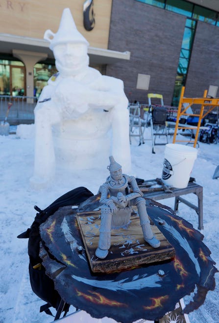A model of the carving created by Neal Vogt, of Pewaukee, Wis., on display at the snow carving competition during the Sturgeon Spectacular,  Saturday, February 11, 2023, in Fond du Lac, Wis.