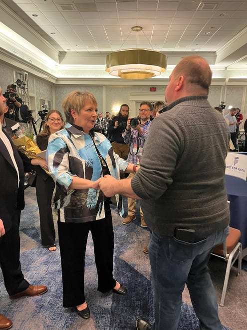 Wisconsin Supreme Court candidate Judge Janet Protaciewicz arrives at Saint Kate - The Arts Hotel in Milwaukee  on Tuesday, April 4, 2023, just after the polls closed.