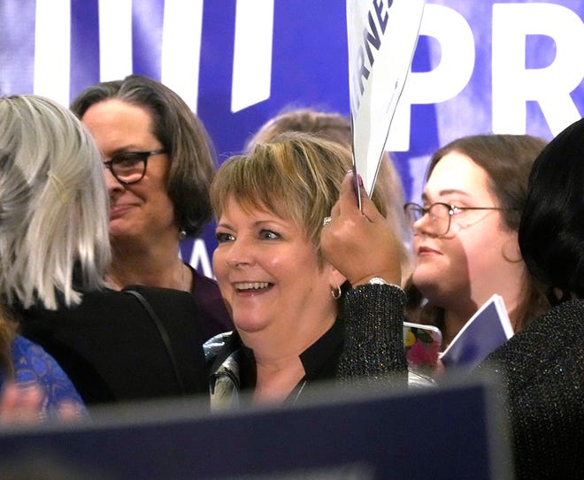 Supreme Court candidate Janet Protasiewicz reacts before speaking at her election night watch party for state Supreme Court at Saint Kate - The Arts Hotel in Milwaukee  on Tuesday, April 4, 2023. Wisconsin voters headed to the polls for the spring general election to determine a new justice on the Supreme Court as well as other local, nonpartisan offices. Protasiewicz is facing off against Daniel Kelly for a spot on Wisconsin's top court.