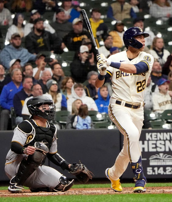 Milwaukee Brewers left fielder Christian Yelich (22) hits a grand slam during the fourth inning of their game against the Pittsburgh Pirates Monday, April 18, 2022 at American Family Field in Milwaukee, Wis.



MARK HOFFMAN/MILWAUKEE JOURNAL SENTINEL